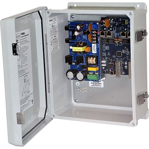 Altronix NETWAYSP4WP Dual Fiber Optic SFP 1G Link 4-Port PoE+ Switch and Power Supply, Hardened 120W Power Supply / BatCharger and Switch Boards Mounted in NEMA4/4X, IP66 Rated Outdoor Enclosure
