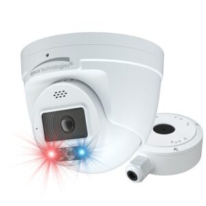 Speco O4TDD2 4MP IP Turret Camera with AI, Audio and Visual Deterrent, 2.8mm Fixed Lens, NDAA, White