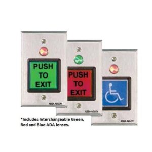 Securitron PB2E Push Button, Momentary, Single Gang, Includes Switchable Green, Red and Blue ADA Lenses, Non-Illuminated
