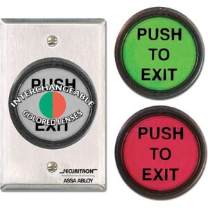 Securitron PB5E PB5 Series Push Button, 2" Round, Momentary, DPST, with Light, SG, Red/Green/Handicap