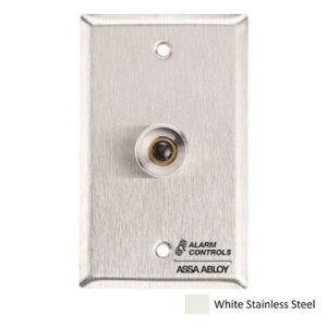 Alarm Controls RP-26AWH Remote Wall Plate with N/C Black Push Button, Guard Ring, Single Gang, White Stainless Steel