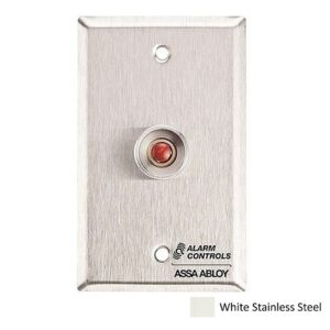 Alarm Controls RP-26WH Remote Wall Plate with N/O Red Push Button, Guard Ring, Single Gang, White Stainless Steel