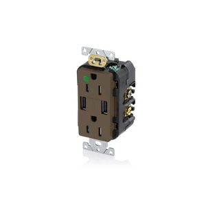 Leviton T5632-HG Combination Duplex Receptacle with USB Charger, 15A, 125V, Brown