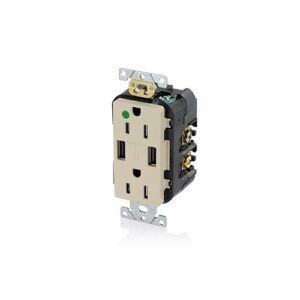 Leviton T5632-HGI Combination Duplex Receptacle with USB Charger, 15A, 125V, Ivory