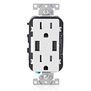 Leviton T5632-W Duplex Receptacle, USB, 15A/125V, Screw Terminal, Tamper
