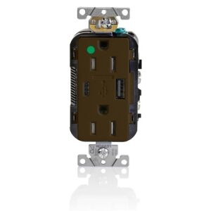 Leviton T5633-HG Combination Duplex Receptacle with A-C USB Charger, 15A, 125V, Brown
