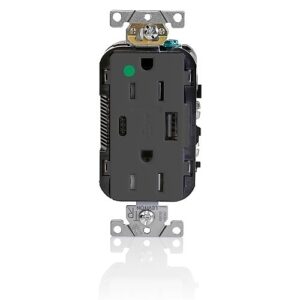Leviton T5633-HGE Connectors, High-Grade Duplex USB Charger, 15A 125V, Charcoal