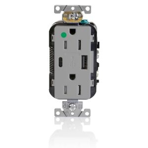 Leviton T5633-HGG Combination Duplex Heavy Duty Receptacle with A-C USB Charger, 15A 125V, Gray