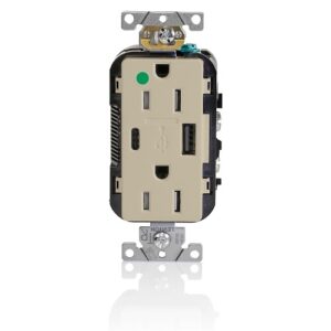 Leviton T5633-HGI Combination Duplex Heavy Duty Receptacle with A-C USB Charger, 15A 125V, Ivory