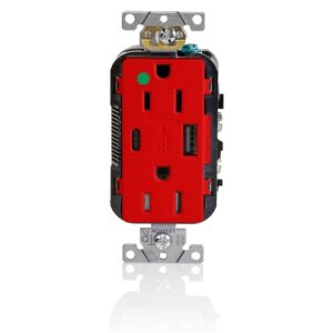 Leviton T5633-HGR Combination Duplex Heavy Duty Receptacle with A-C USB Charger, 15A 125V, Red