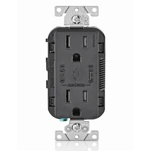 Leviton T5635-E Power Plug, 15A TR Receptacle with USB Type CC Charging Capability