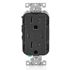 Leviton T5637-E Power Plug, 15A TR Receptacle with USB Type NO and USB Type Non-PD Charge