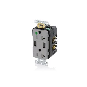 Leviton T5832-HGG Combination Duplex Receptacle with USB Charger, 20A 125V, Gray