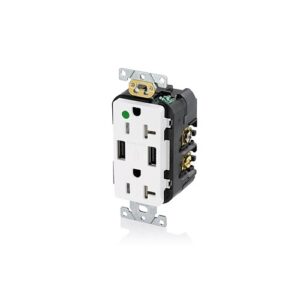 Leviton T5832-HGW Combination Duplex Receptacle with USB Charger, 20A, 125V, White