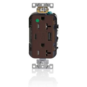 Leviton T5833-HG Combination Duplex Receptacle with A-C USB Charger, 20A 125V, Brown