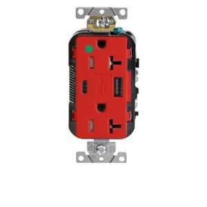 Leviton T5833-HGR Combination Duplex Heavy Duty Receptacle with A-C USB Charger, 20A 125V, Red