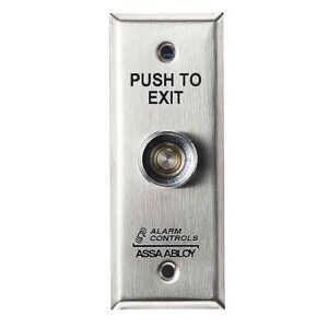 Alarm Controls TS-15 Request to Exit Station with Pneumatic Timer on Narrow 1-3/4" Wall Plate, 1/4" Push Button, Guard Ring, 302 Stainless Steel
