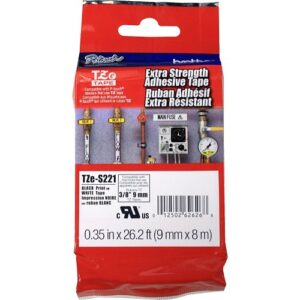 Brother TZES221 TZe Tape, Black on White Extra-Strength, 0.35 in 26.2 ft (9mm 8m)
